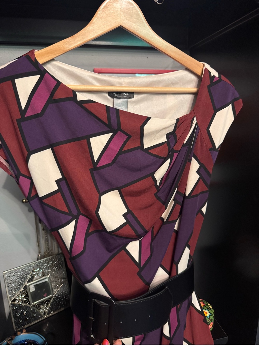 Purple Geometric Print Bisou Bisou 80’s Belted Sheath Dress ✨🍇